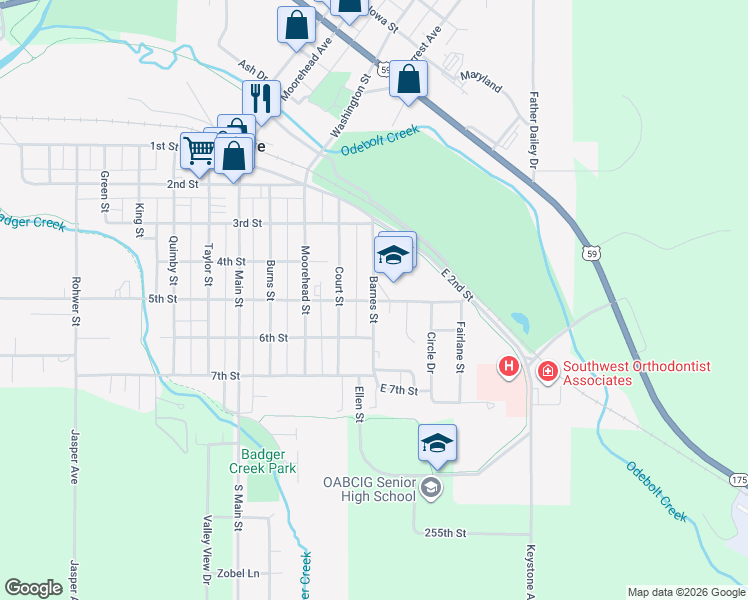 map of restaurants, bars, coffee shops, grocery stores, and more near 498 Barnes Street in Ida Grove