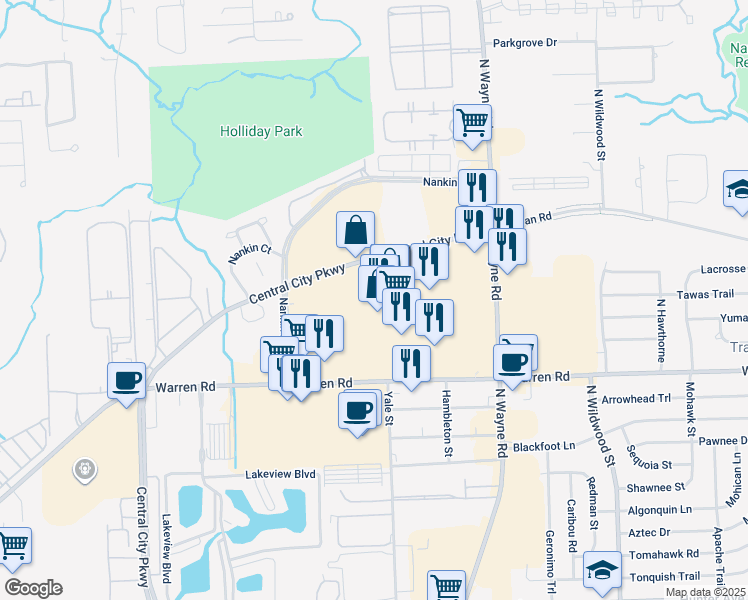 map of restaurants, bars, coffee shops, grocery stores, and more near in Westland