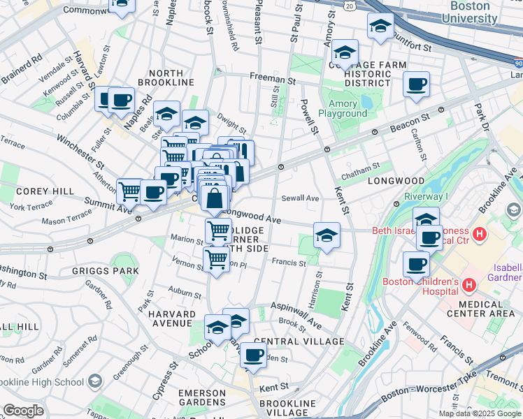 map of restaurants, bars, coffee shops, grocery stores, and more near 50 Longwood Avenue in Brookline