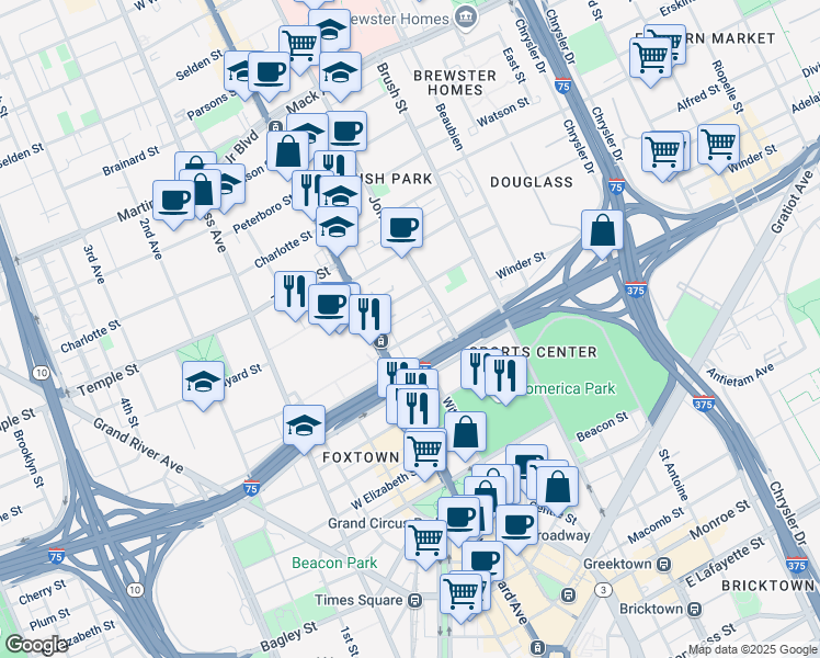 map of restaurants, bars, coffee shops, grocery stores, and more near 123 Winder Street in Detroit