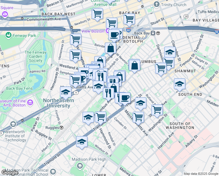 map of restaurants, bars, coffee shops, grocery stores, and more near 23 Wellington Street in Boston