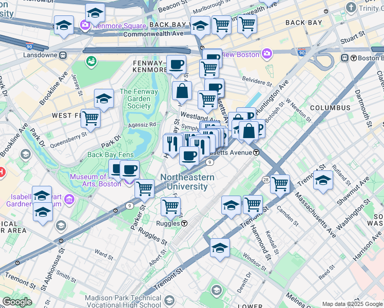 map of restaurants, bars, coffee shops, grocery stores, and more near 109 St Stephen St in Boston