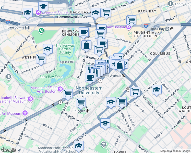 map of restaurants, bars, coffee shops, grocery stores, and more near 86 Saint Stephen Street in Boston