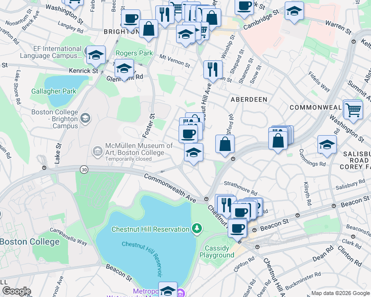 map of restaurants, bars, coffee shops, grocery stores, and more near 185 Chestnut Hill Avenue in Boston