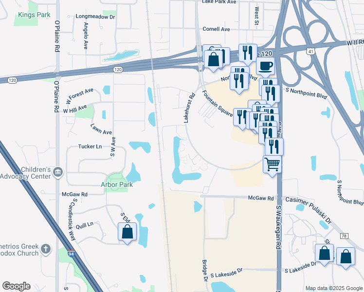 map of restaurants, bars, coffee shops, grocery stores, and more near 525 Lakehurst Road in Waukegan