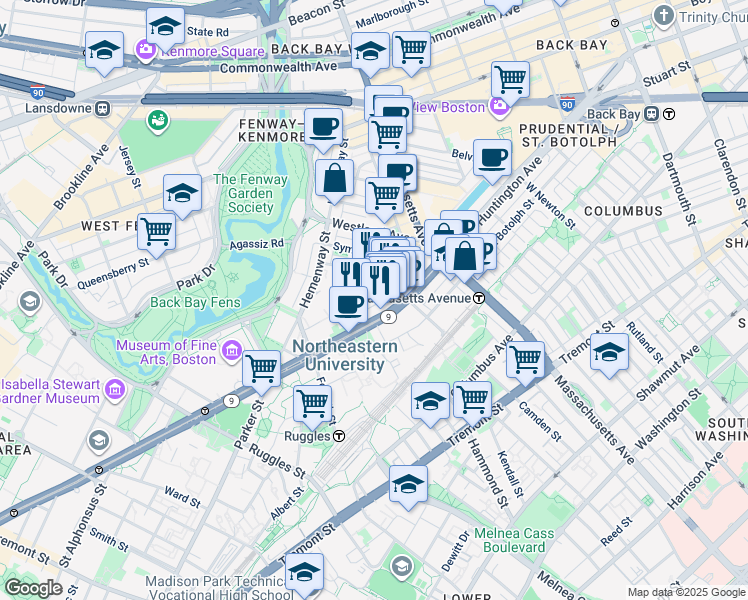 map of restaurants, bars, coffee shops, grocery stores, and more near 77 Saint Stephen Street in Boston
