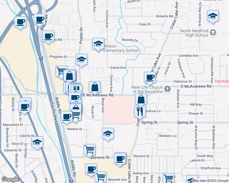 map of restaurants, bars, coffee shops, grocery stores, and more near 1245 Corona Ave in Medford