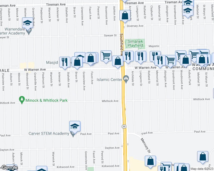 map of restaurants, bars, coffee shops, grocery stores, and more near 6817 Rosemont Avenue in Detroit