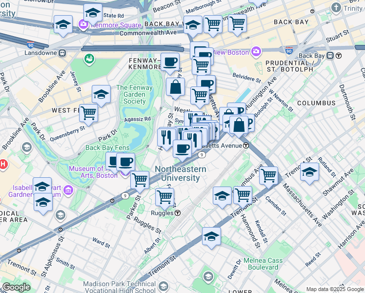 map of restaurants, bars, coffee shops, grocery stores, and more near 76 Gainsborough Street in Boston