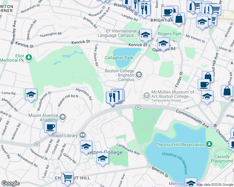 map of restaurants, bars, coffee shops, grocery stores, and more near 40 Lake Street in Boston
