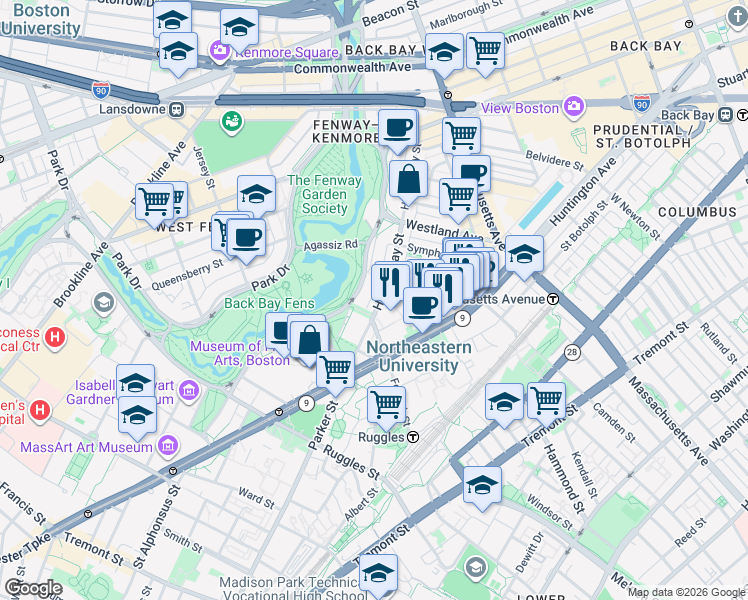 map of restaurants, bars, coffee shops, grocery stores, and more near 143 Hemenway Street in Boston