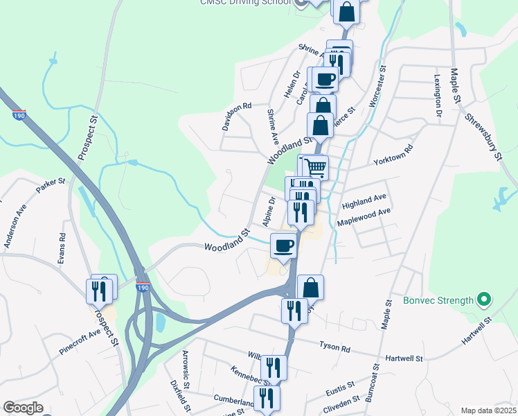 map of restaurants, bars, coffee shops, grocery stores, and more near 92 Woodland Street in West Boylston