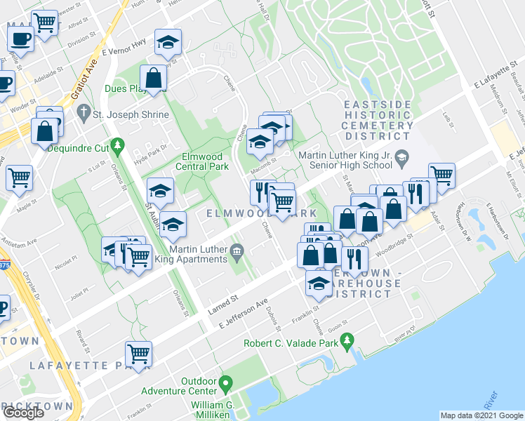 map of restaurants, bars, coffee shops, grocery stores, and more near 2671 East Lafayette Street in Detroit