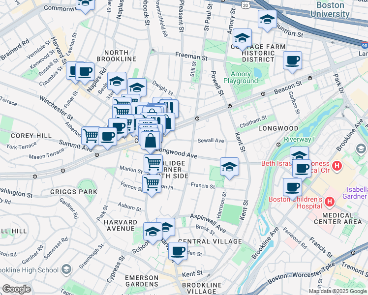 map of restaurants, bars, coffee shops, grocery stores, and more near 60 Longwood Avenue in Brookline