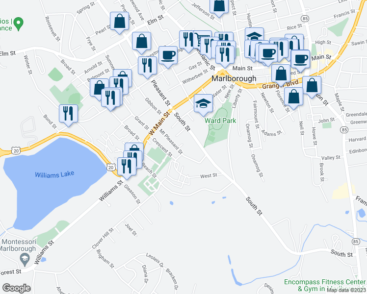 map of restaurants, bars, coffee shops, grocery stores, and more near 5 Mount Pleasant Terrace in Marlborough