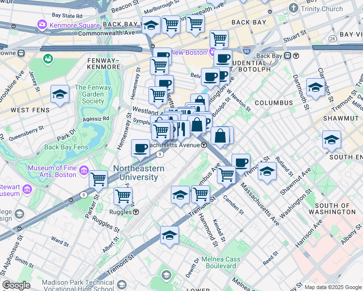 map of restaurants, bars, coffee shops, grocery stores, and more near 255 Saint Botolph Street in Boston