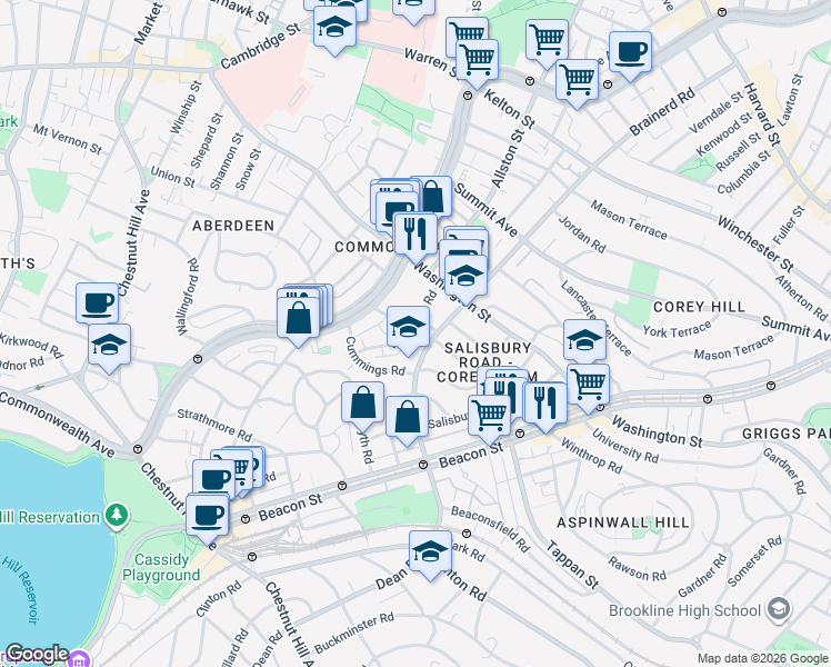 map of restaurants, bars, coffee shops, grocery stores, and more near 19 Mount Hood Road in Boston