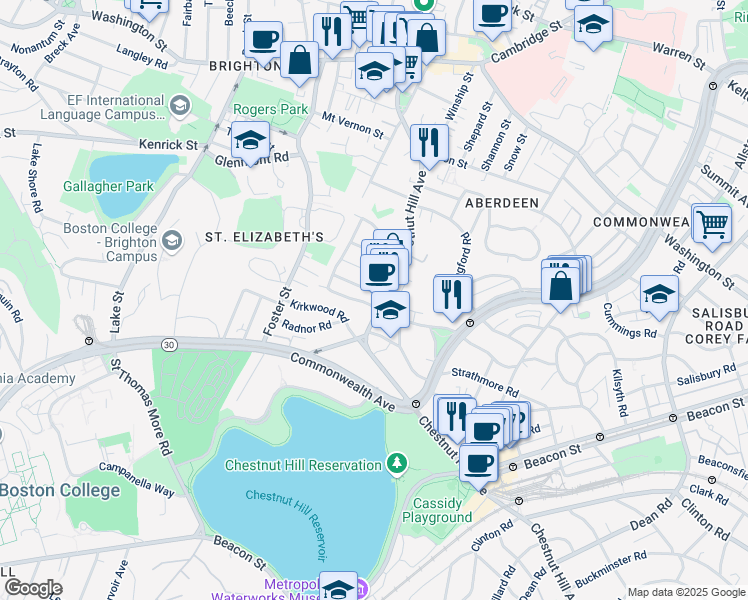 map of restaurants, bars, coffee shops, grocery stores, and more near 25 Embassy Road in Boston