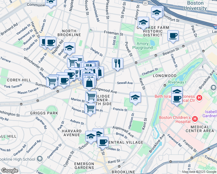map of restaurants, bars, coffee shops, grocery stores, and more near 50 Longwood Avenue in Brookline