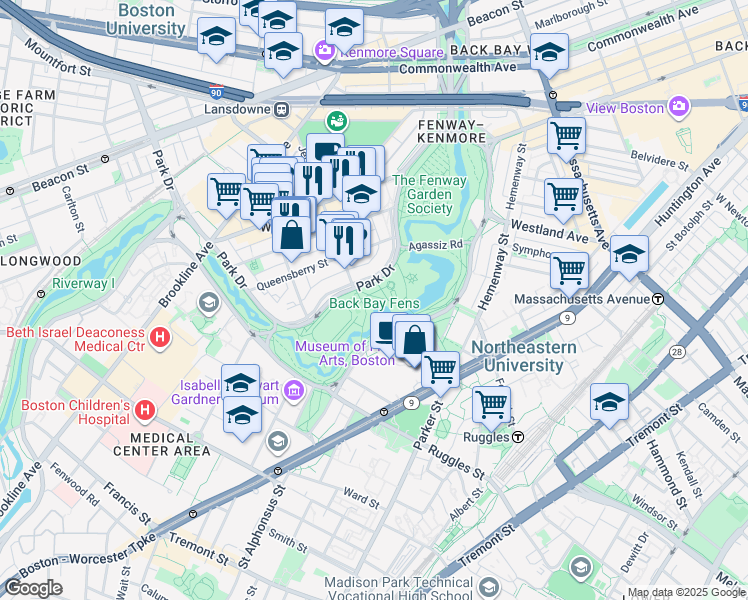 map of restaurants, bars, coffee shops, grocery stores, and more near 100 Park Drive in Boston