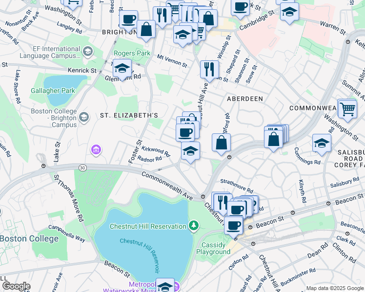 map of restaurants, bars, coffee shops, grocery stores, and more near 185 Chestnut Hill Avenue in Boston