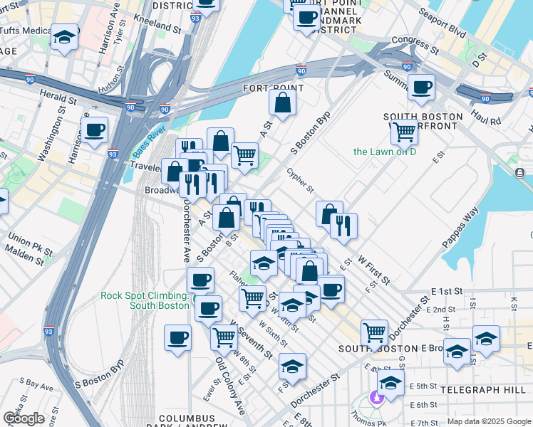 map of restaurants, bars, coffee shops, grocery stores, and more near 154 West 2nd Street in Boston