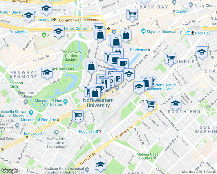 map of restaurants, bars, coffee shops, grocery stores, and more near 77 Saint Stephen Street in Boston