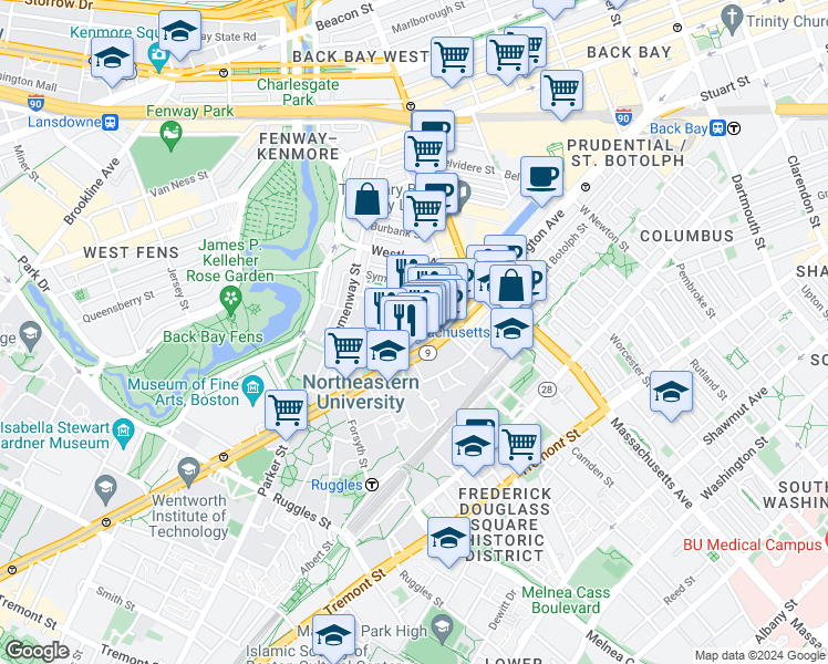 map of restaurants, bars, coffee shops, grocery stores, and more near 77 Saint Stephen Street in Boston