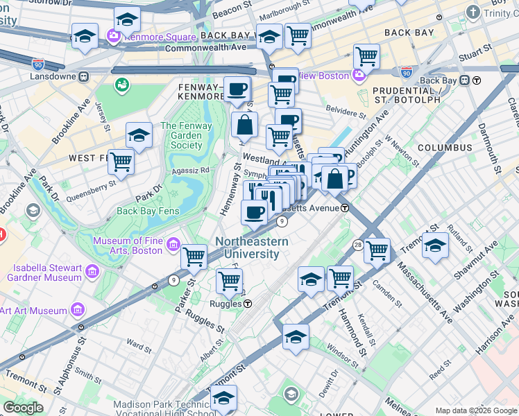 map of restaurants, bars, coffee shops, grocery stores, and more near 77 Saint Stephen Street in Boston