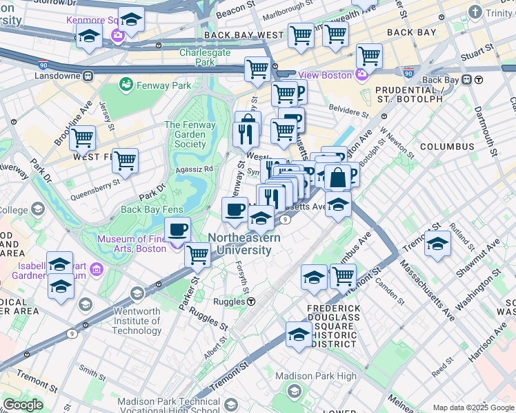 map of restaurants, bars, coffee shops, grocery stores, and more near 76 Gainsborough Street in Boston