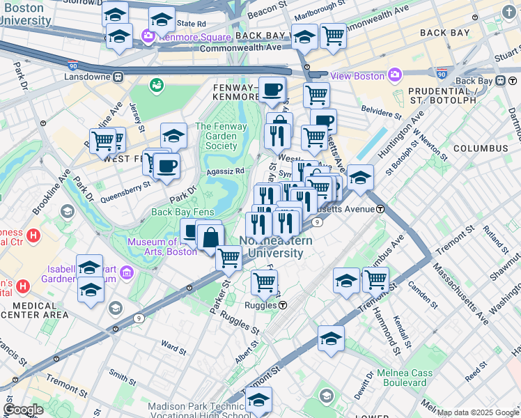 map of restaurants, bars, coffee shops, grocery stores, and more near 143 Hemenway Street in Boston