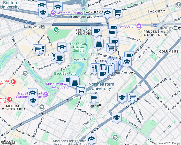 map of restaurants, bars, coffee shops, grocery stores, and more near 143 Hemenway Street in Boston