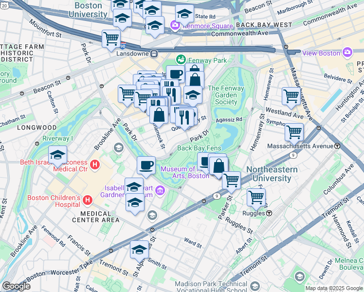 map of restaurants, bars, coffee shops, grocery stores, and more near 111 Park Drive in Boston