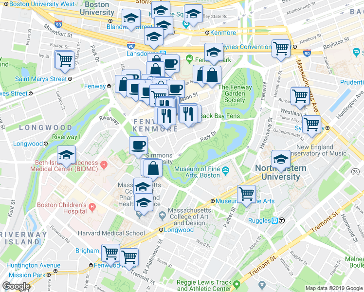 map of restaurants, bars, coffee shops, grocery stores, and more near 58 Queensberry Street in Boston