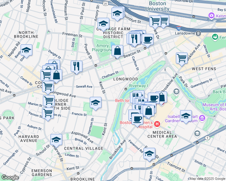 map of restaurants, bars, coffee shops, grocery stores, and more near 101 Colchester Street in Brookline