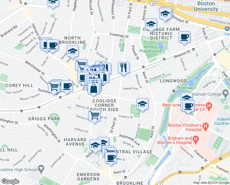 map of restaurants, bars, coffee shops, grocery stores, and more near 76 Sewall Avenue in Brookline