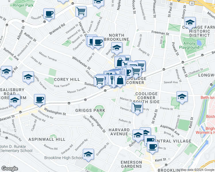 map of restaurants, bars, coffee shops, grocery stores, and more near 24 Winchester Street in Brookline