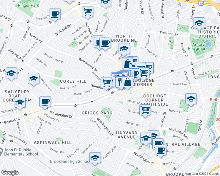 map of restaurants, bars, coffee shops, grocery stores, and more near 24 Winchester Street in Brookline