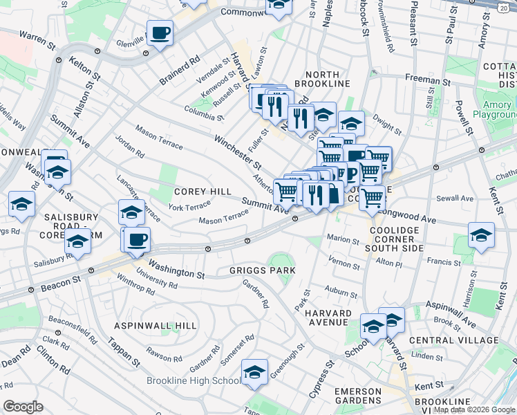 map of restaurants, bars, coffee shops, grocery stores, and more near 138 Mason Terrace in Brookline