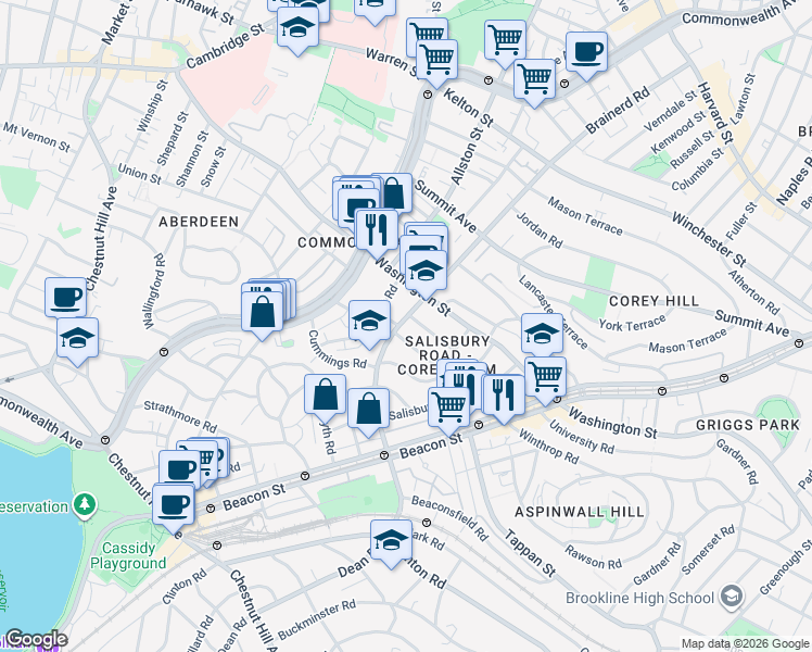 map of restaurants, bars, coffee shops, grocery stores, and more near 19 Mount Hood Road in Boston