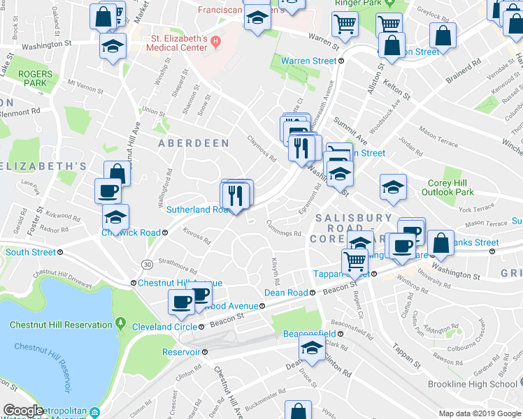 map of restaurants, bars, coffee shops, grocery stores, and more near 1665 Commonwealth Avenue in Boston