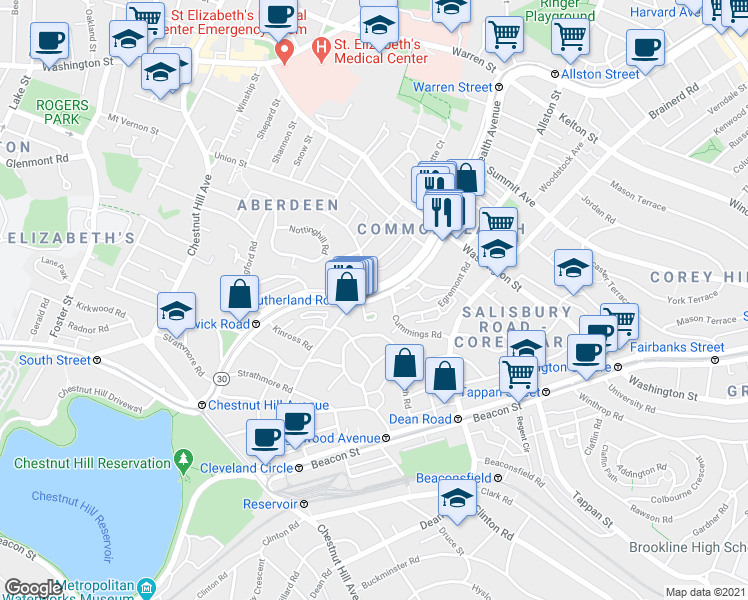 map of restaurants, bars, coffee shops, grocery stores, and more near 1691 Commonwealth Avenue in Boston