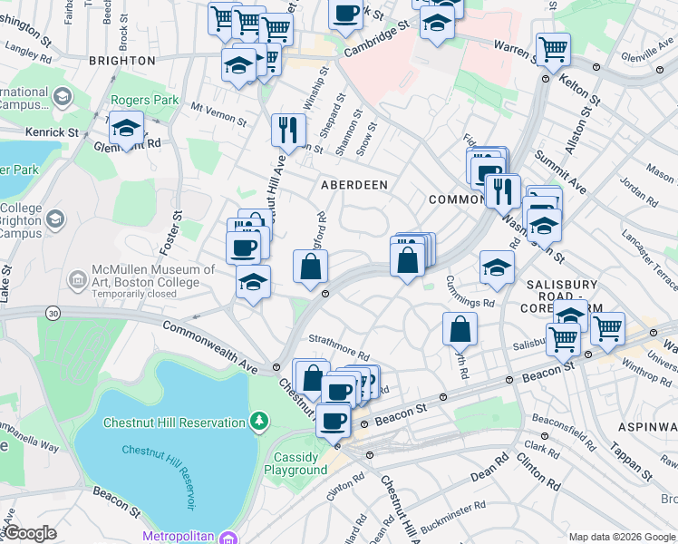 map of restaurants, bars, coffee shops, grocery stores, and more near 14 Leamington Road in Boston
