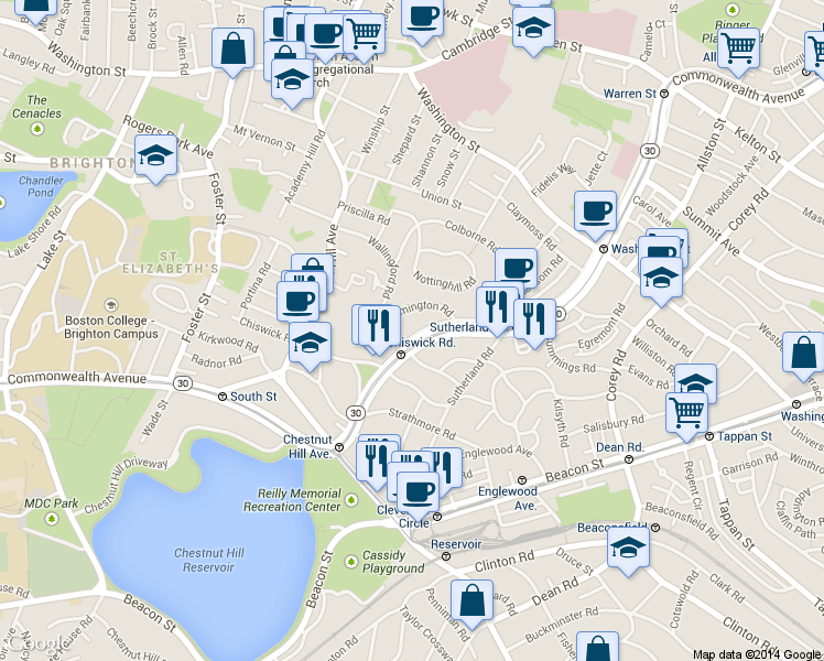 map of restaurants, bars, coffee shops, grocery stores, and more near 59 Leamington Road in Boston