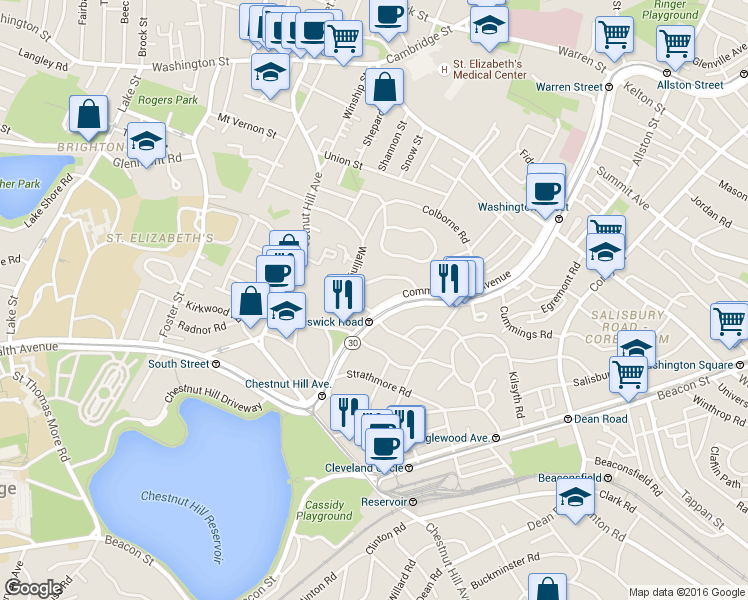 map of restaurants, bars, coffee shops, grocery stores, and more near 59 Leamington Road in Boston