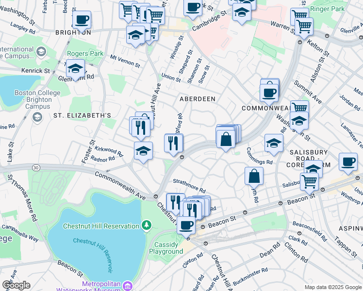 map of restaurants, bars, coffee shops, grocery stores, and more near 59 Leamington Road in Boston