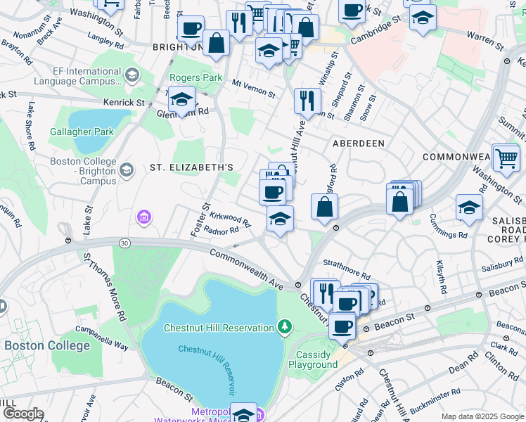 map of restaurants, bars, coffee shops, grocery stores, and more near 25 Embassy Road in Boston