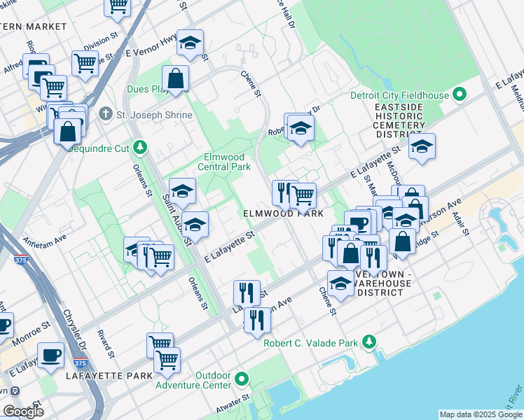 map of restaurants, bars, coffee shops, grocery stores, and more near 1071 Chene in Detroit