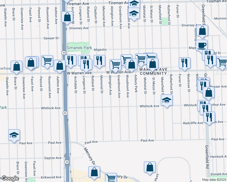 map of restaurants, bars, coffee shops, grocery stores, and more near 6850 Abington Avenue in Detroit