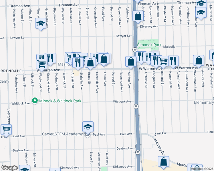 map of restaurants, bars, coffee shops, grocery stores, and more near 6863 Penrod Street in Detroit